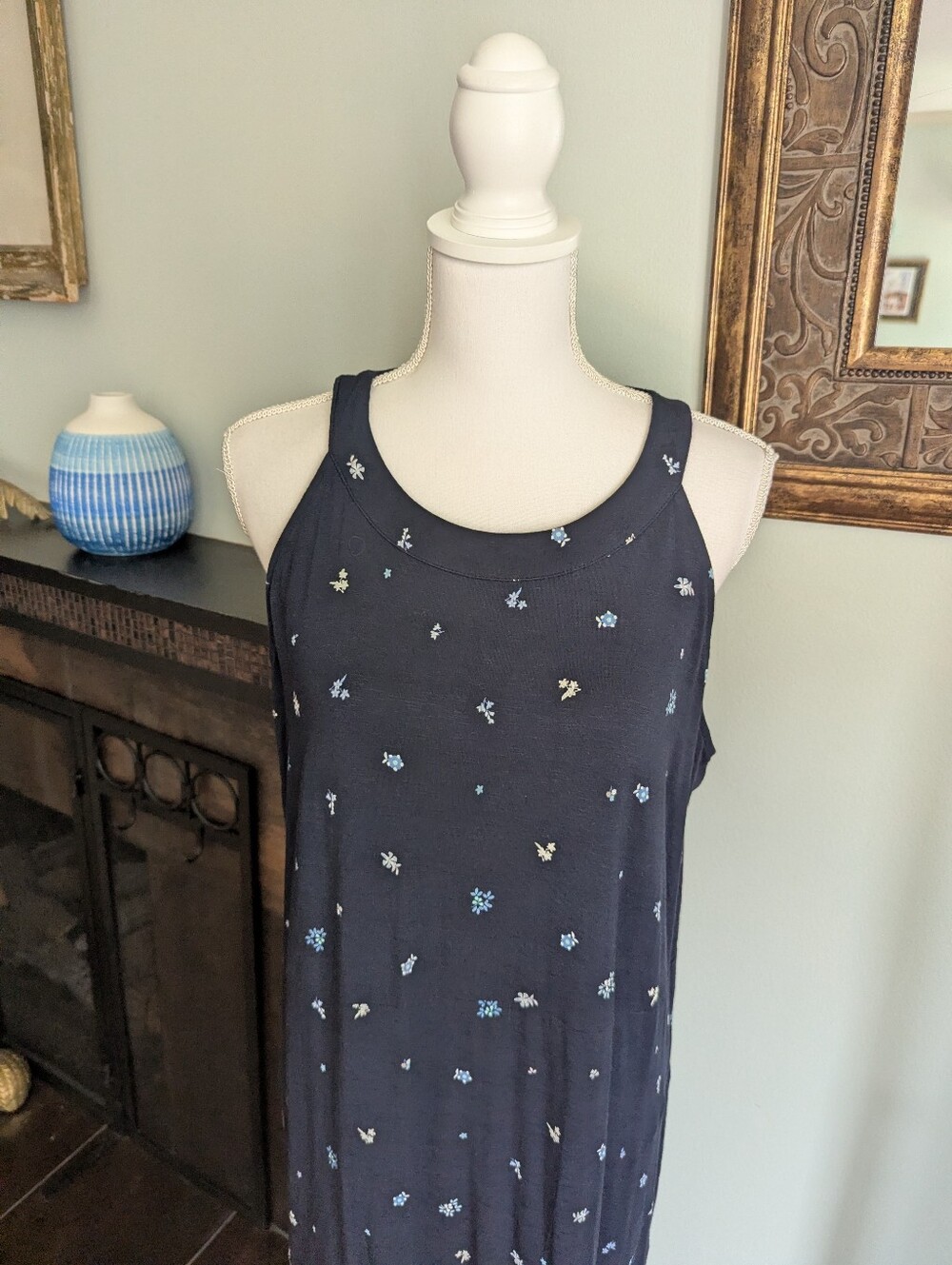 J.Jill Women's Large Paisley Floral Sleeveless Maxi Dress Navy Blue Jersey Knit - Picture 2 of 11